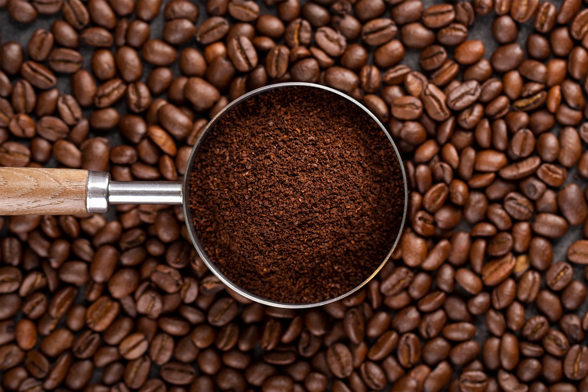 Coffee beans and ground coffee in a scoop